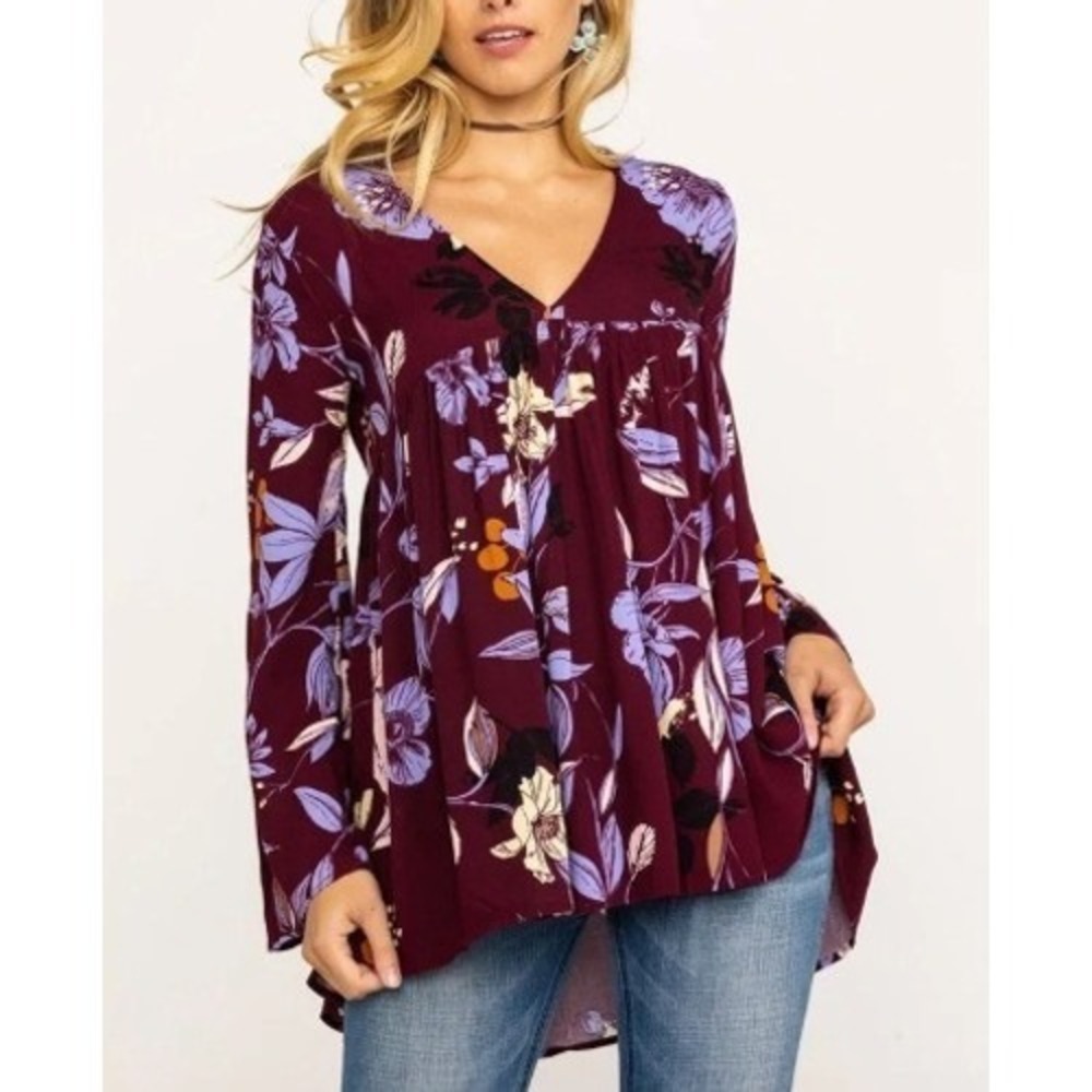 Free People Floral Babydoll Blouse Top Womens XS Burgundy Long Sleeve Bohemian